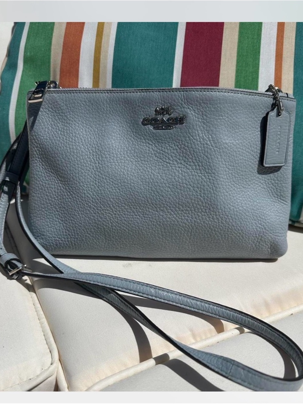 Coach Lyla double zip Pebbled Leather Crossbody in Pale Robin egg Blue-Gray